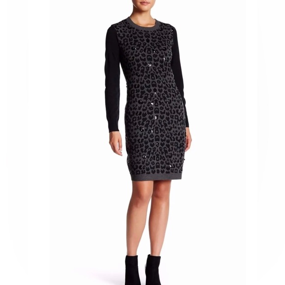 BETSEY JOHNSON SIZE XS SEQUIN DETAIL KNIT SWEATER DRESS HEATHER GREY BLACK - Picture 2 of 5